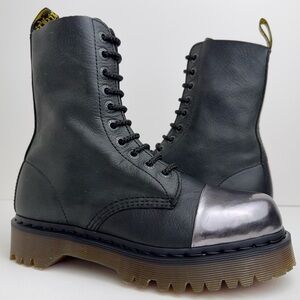 Dr. Martens Black Alloy Soft Leather 10 Eye Cap Toe Chunky Boots UK 5